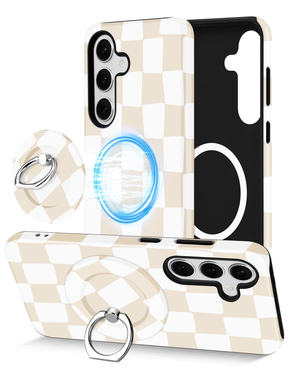 Aitipy Checkered Magnetic Phone Case for Samsung Galaxy S23 Plus, Compatible with Magsafe, with Cute Checkerboard Stand Ring Holder Aesthetic Protective Phone Cover for Women Girls - Beige — image 1