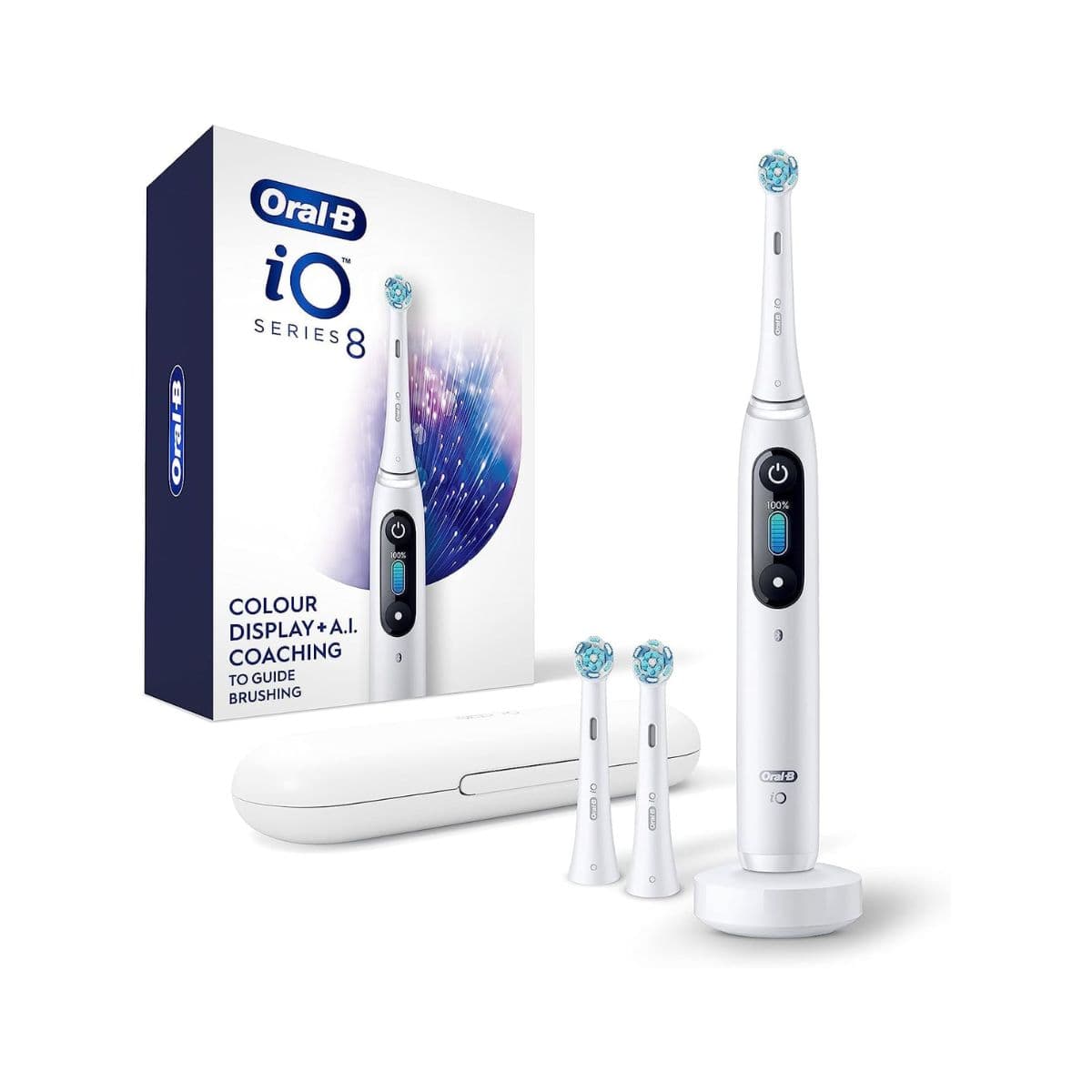 Oral-B iO Series 8 Electric Toothbrush with 2 Replacement Brush Heads and Travel Case, Rechargeable Toothbrush, Whitealabaster — image 1