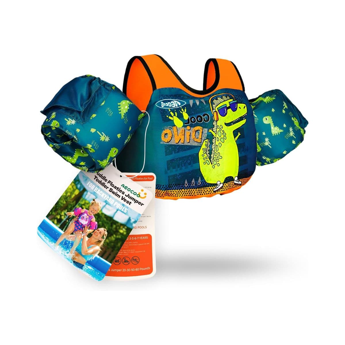 AEOCOO Puddle Float Jumper 20-30-50-60-70 Pounds, Toddler Swim Vest for 1-3-5-6-9 Years Old, Pool Floats with Swimming Arm Floaties Swim Jacket for Kids Swimmies, Boys, Girls, Niños, Dinosaur — image 1