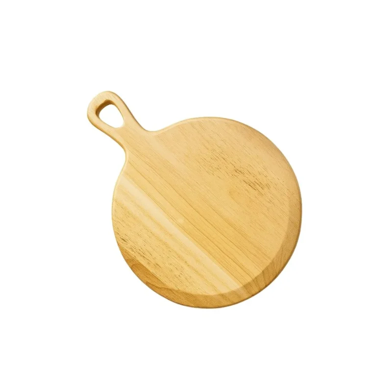 10" round wooden paddle serving board with handle, natural wood finish. Perfect for cheese, appetizers, or pizza.