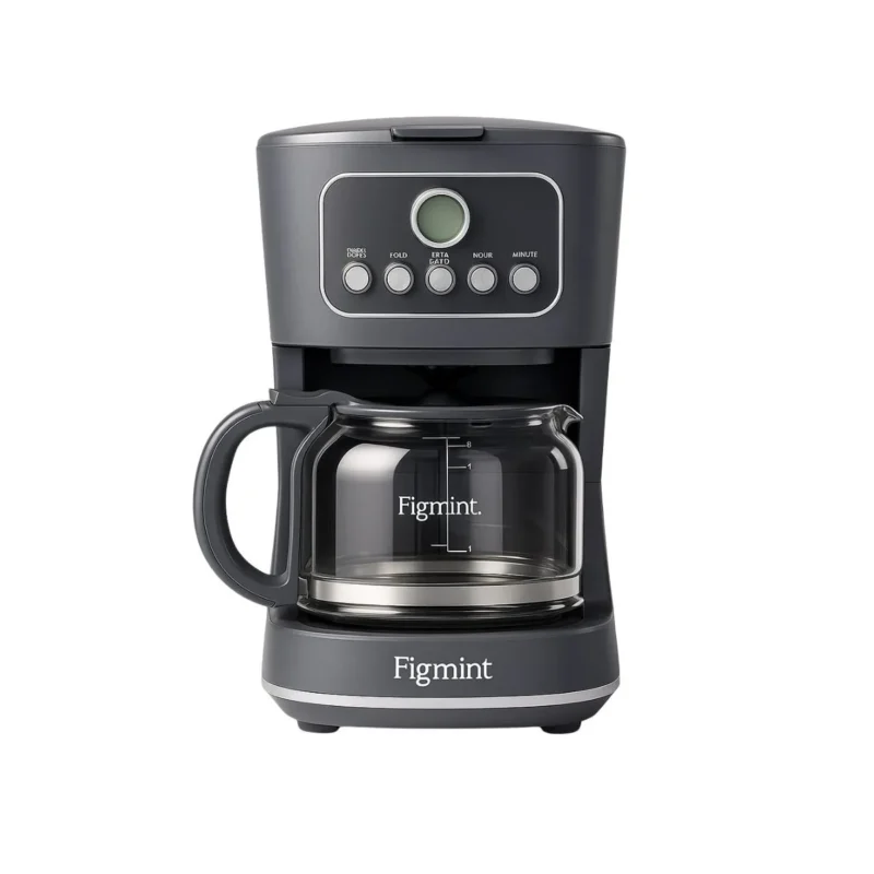 Sleek gray Figmint 12-cup programmable coffee maker with borosilicate glass carafe.