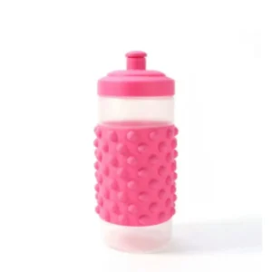 Blue 20oz Bullseye's Playground sensory water bottle filled with glitter and small objects.