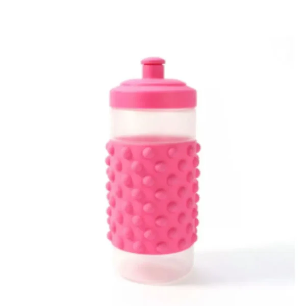Blue 20oz Bullseye's Playground sensory water bottle filled with glitter and small objects.