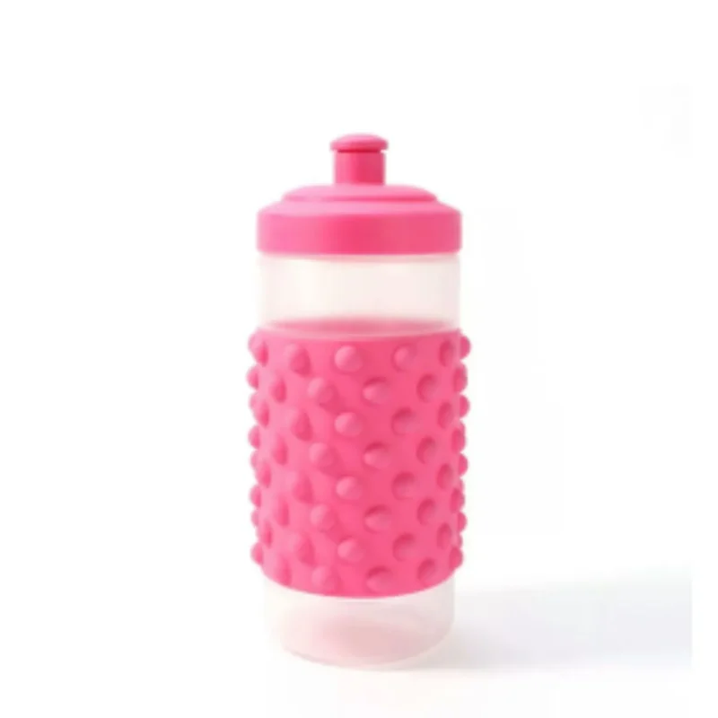 Blue 20oz Bullseye's Playground sensory water bottle filled with glitter and small objects.