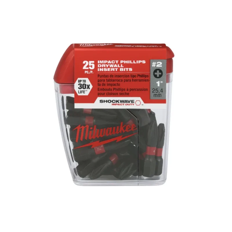 25 Milwaukee SHOCKWAVE Impact Duty #2 Phillips Drywall Insert Bits in a contractor pack.