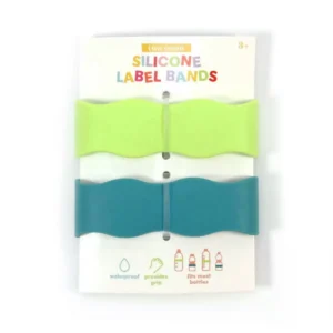 Two blue and green silicone bottle label bands from Bullseye's Playground, perfect for kids' or adult beverages.