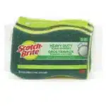 Four green and yellow 3M Scotch-Brite heavy-duty scrub sponges for tough cleaning.