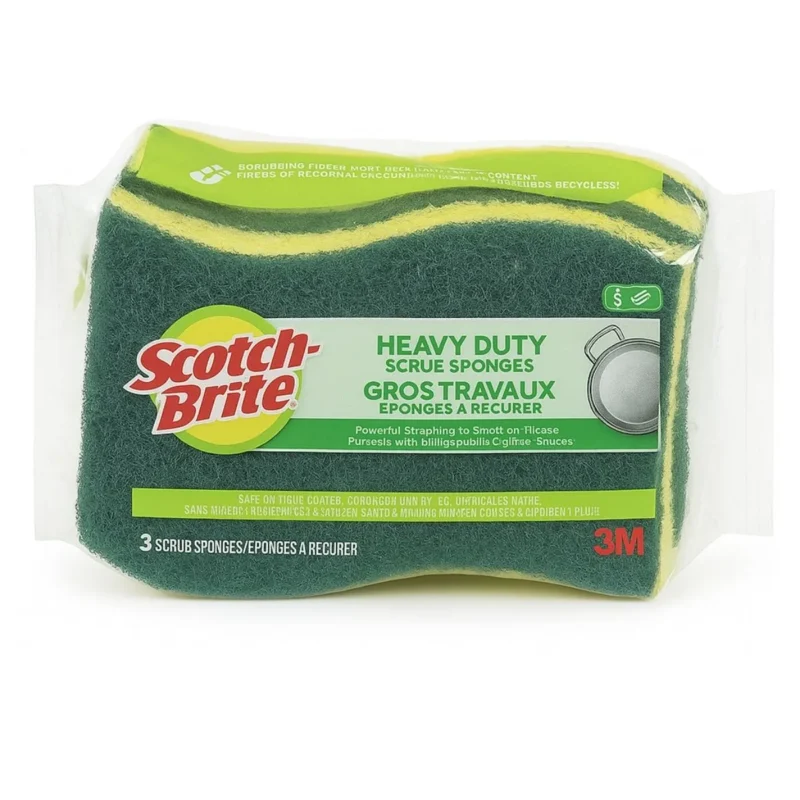 Four green and yellow 3M Scotch-Brite heavy-duty scrub sponges for tough cleaning.