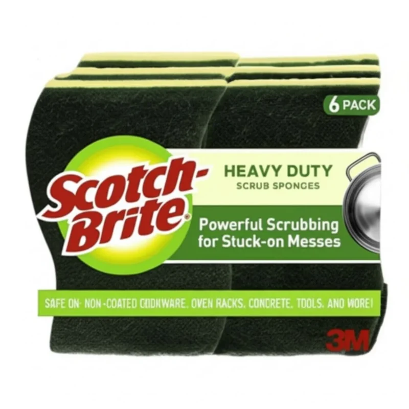 Six green and yellow 3M Scotch-Brite heavy-duty scrub sponges; one side scrubby, one side absorbent.