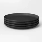 Set of four 6-inch black appetizer plates, perfect for serving snacks and appetizers.