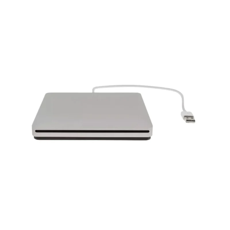 Silver Apple External USB SuperDrive for Mac, CD/DVD reader and writer.