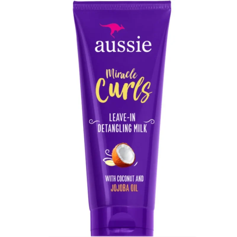 Aussie Miracle Curls Coconut Oil Detangling Milk, purple bottle, 8.4 fl oz, paraben-free.