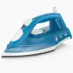 BLACK+DECKER Variable Control Compact Iron, black and blue, on a ironing board.