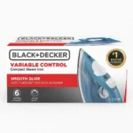 BLACK+DECKER Variable Control Compact Iron, black and blue, on a ironing board.