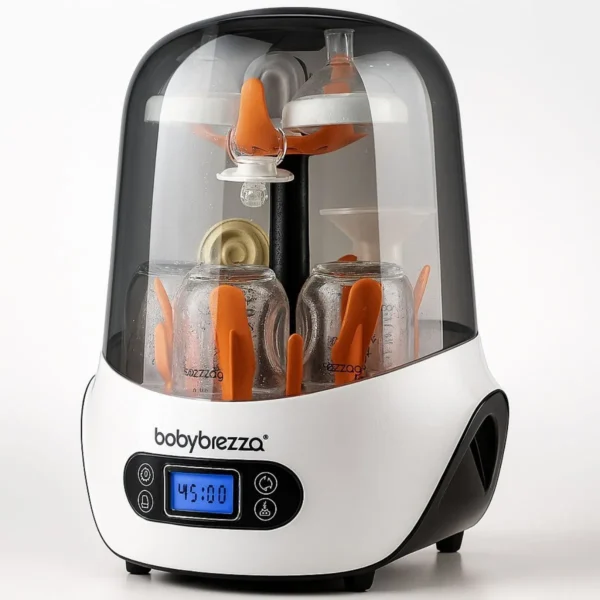 Baby Brezza Electric Steam Sterilizer and Dryer, white, sterilizing baby bottles and accessories.