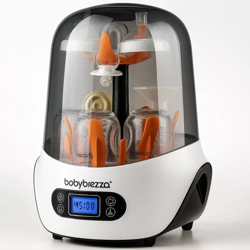 Baby Brezza Electric Steam Sterilizer and Dryer, white, sterilizing baby bottles and accessories.