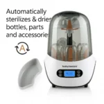 Baby Brezza Electric Steam Sterilizer and Dryer, white, sterilizing baby bottles and accessories.