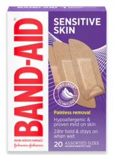 Assorted Band-Aid Brand Sensitive Skin Adhesive Bandages, Hypoallergenic, Painless Removal, 20 ct