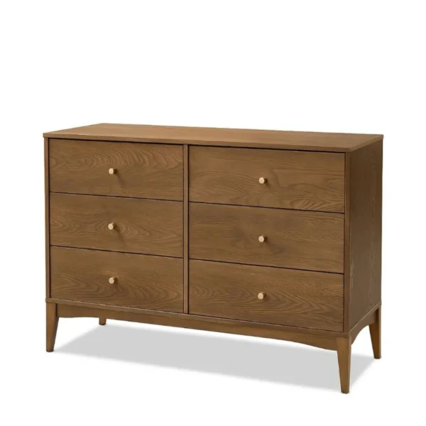 Baxton Studio Landis Dresser in Ash Walnut and Gold. Six drawers, gold knobs, mid-century modern style.