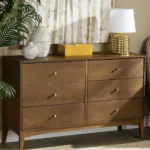 Baxton Studio Landis Dresser in Ash Walnut and Gold. Six drawers, gold knobs, mid-century modern style.