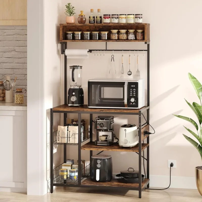 Rustic Brown Bestier Bakers Rack with 6 tiers, cabinet, drawer & LED lights. Perfect for Toronto kitchens!