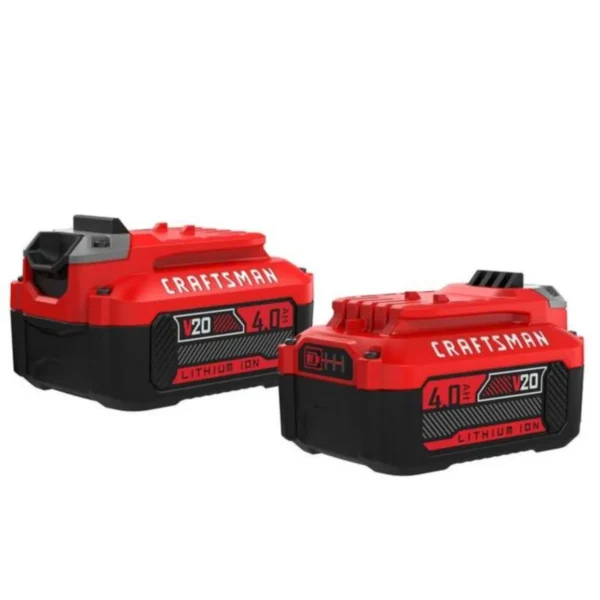 Two CRAFTSMAN V20 4Ah 20-volt Lithium-Ion Batteries with 3-LED light indicators.