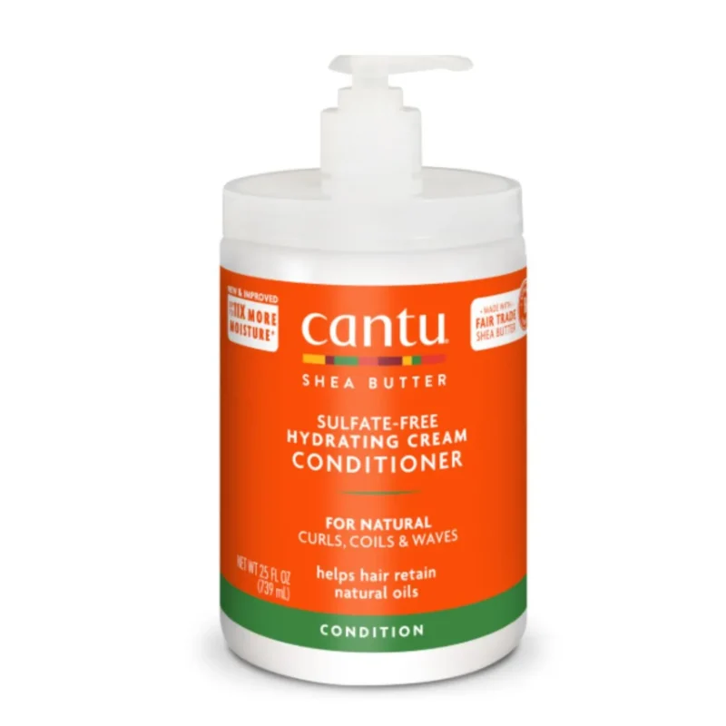 Cantu Shea Butter Hydrating Cream Conditioner, 25oz, white jar, intensely moisturizes natural hair.
