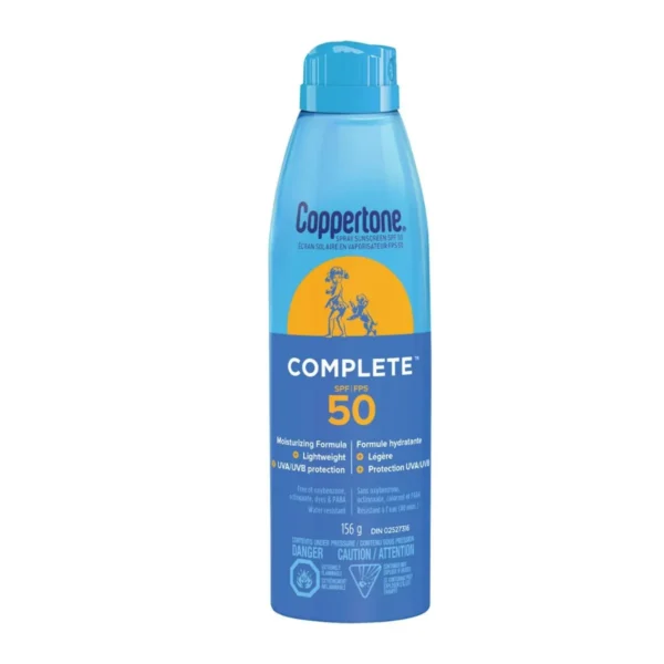 Coppertone Complete 50 Sunscreen SPF 50, broad spectrum UVA/UVB protection, water-resistant.