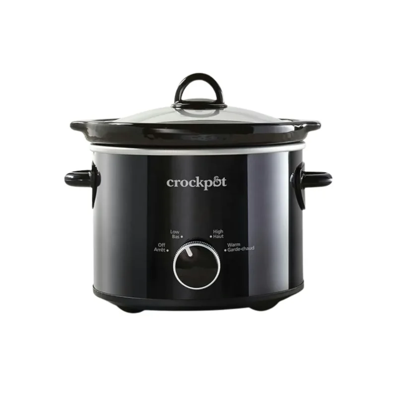 Silver/Black 2-quart slow cooker with cool-touch handles, perfect for small kitchens in Toronto.