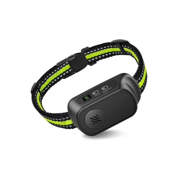 Fluorescent green dog bark collar with 5 adjustable sensitivity levels. Quiet your dog.