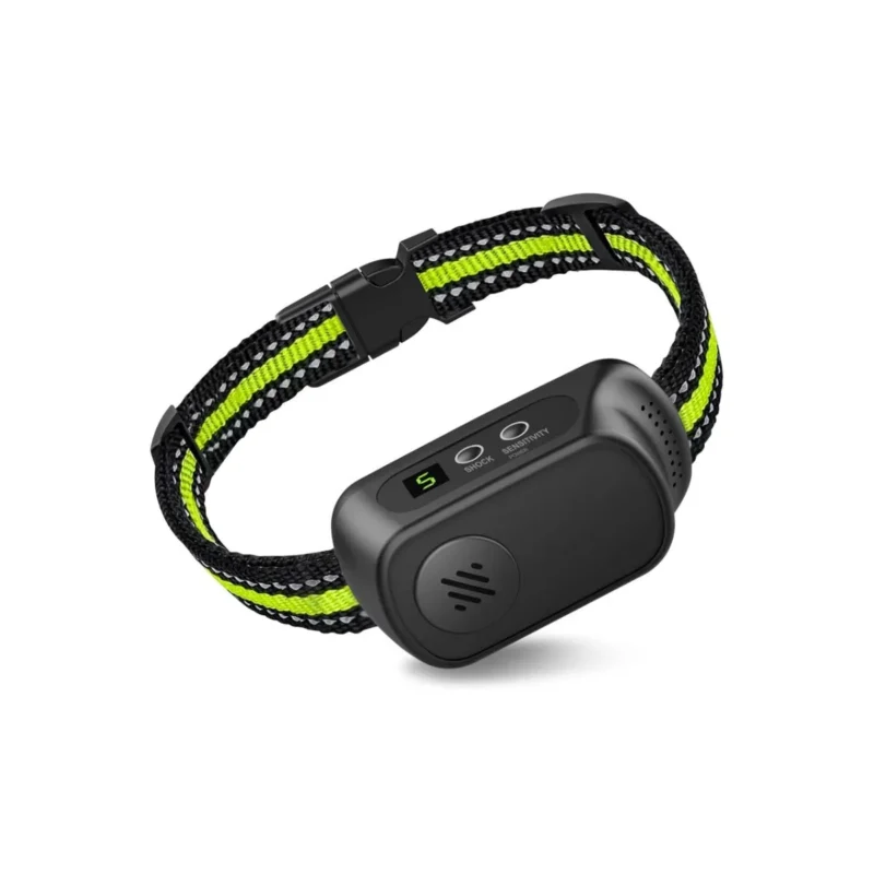 Fluorescent green dog bark collar with 5 adjustable sensitivity levels. Quiet your dog.