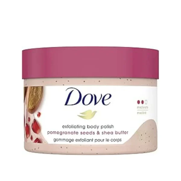 Dove Pomegranate & Shea Butter Exfoliating Body Polish for silky soft skin.