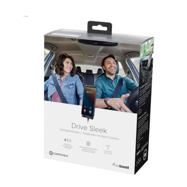 weBoost Drive Sleek black car cell phone signal booster, securely holding your phone.