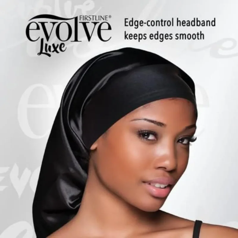 Evolve Satin Edge Pocket Bonnet in black, protecting hair during sleep.
