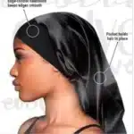 Evolve Satin Edge Pocket Bonnet in black, protecting hair during sleep.