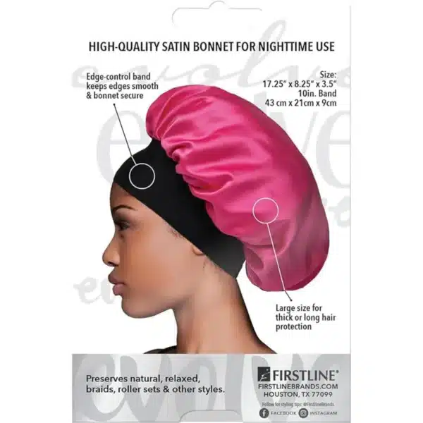 Firstline Evolve fuchsia pink satin bonnet with wide edge for hair protection.