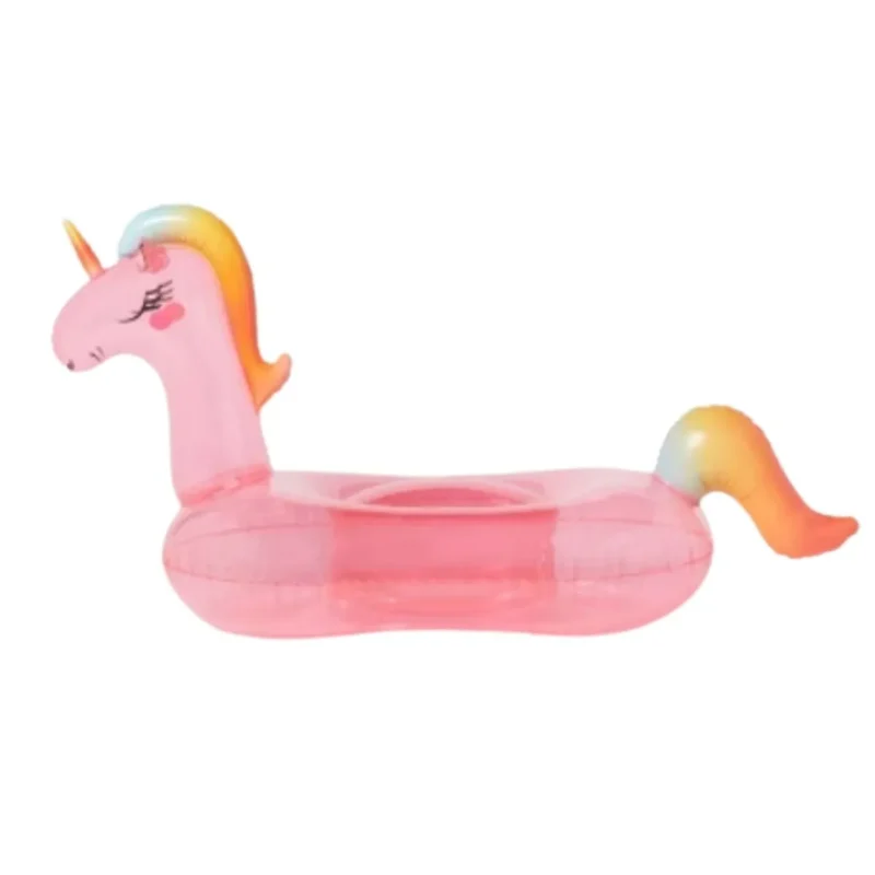 Giant pink, white, and rainbow inflatable unicorn pool float, 6ft long. Perfect for summer fun!