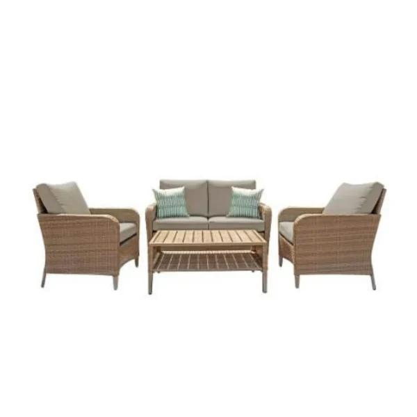Beige Hampton Bay 4-piece wicker patio conversation set with cushions, perfect for Toronto backyards.