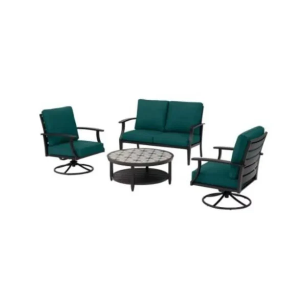Hampton Bay Ellington 4-Piece Steel Outdoor Patio Seating Set with Malachite Green Cushions