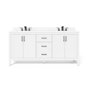 Elegant white 72-inch Ellia double vanity with Carrara marble top, showcasing ample storage and brushed nickel hardware.