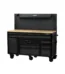 Husky 61-inch Matte Black 10-Drawer Mobile Workbench with Pegboard, perfect for home or garage.