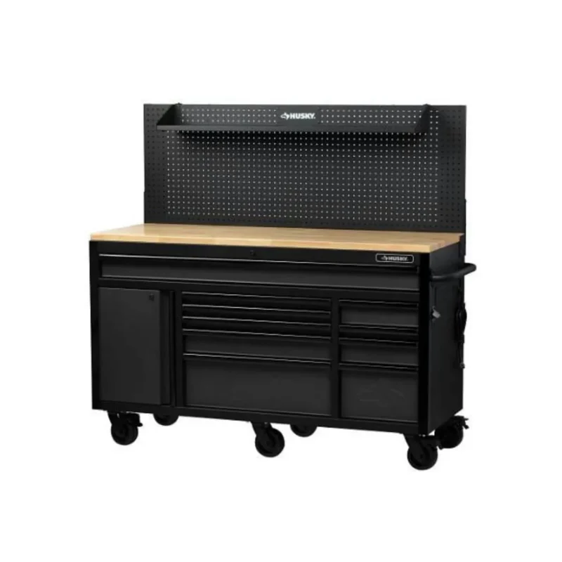 Husky 61-inch Matte Black 10-Drawer Mobile Workbench with Pegboard, perfect for home or garage.