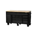 Husky 61-inch Matte Black 10-Drawer Mobile Workbench with Pegboard, perfect for home or garage.