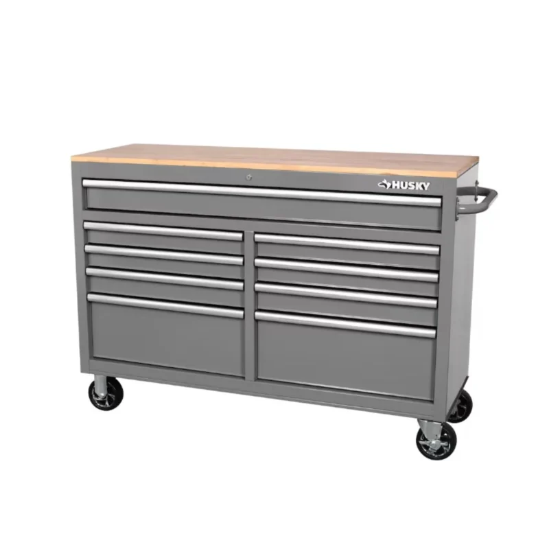 Husky 52" 9-Drawer Mobile Workbench with Solid Wood Top in Gloss Gray. Heavy-duty steel construction, perfect for garage organization.