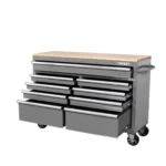 Husky 52" 9-Drawer Mobile Workbench with Solid Wood Top in Gloss Gray. Heavy-duty steel construction, perfect for garage organization.
