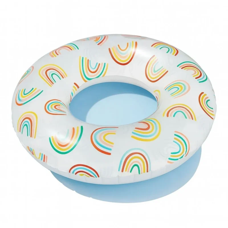 Bright rainbow inflatable swim tube, perfect for summer fun in Toronto pools and lakes.