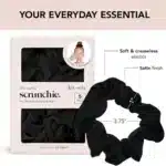Five Kitsch satin scrunchies in black, pink, and leopard print. Gentle on hair, perfect for all hair types.