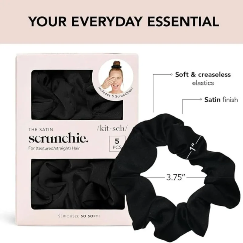 Five Kitsch satin scrunchies in black, pink, and leopard print. Gentle on hair, perfect for all hair types.
