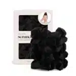Five Kitsch satin scrunchies in black, pink, and leopard print. Gentle on hair, perfect for all hair types.