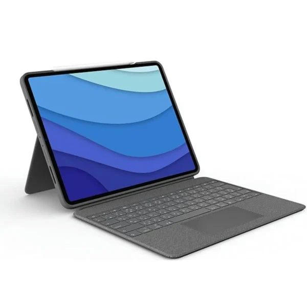 Logitech Combo Touch Keyboard Case for 12.9-inch iPad Pro (5th & 6th gen) in Oxford Gray. Detachable keyboard, trackpad, and kickstand.